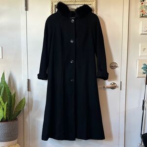 Classic Black Wool Coat with Fur Trim